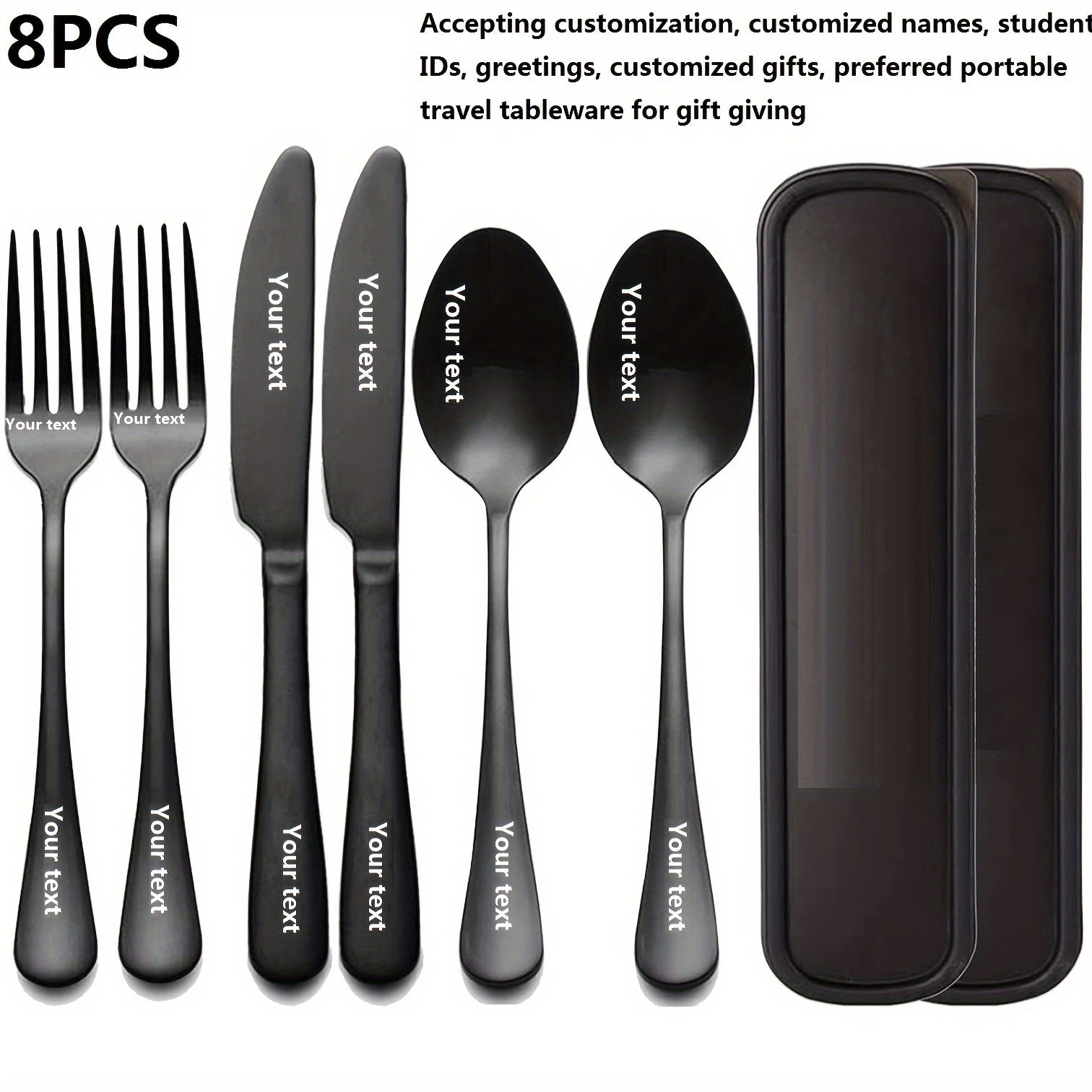 Personalized stainless steel tableware set, customized engraved names, reusable tableware sets for blessings, birthdays, black and Golden, travel silverware set, suitable for home offices, schools, camping
