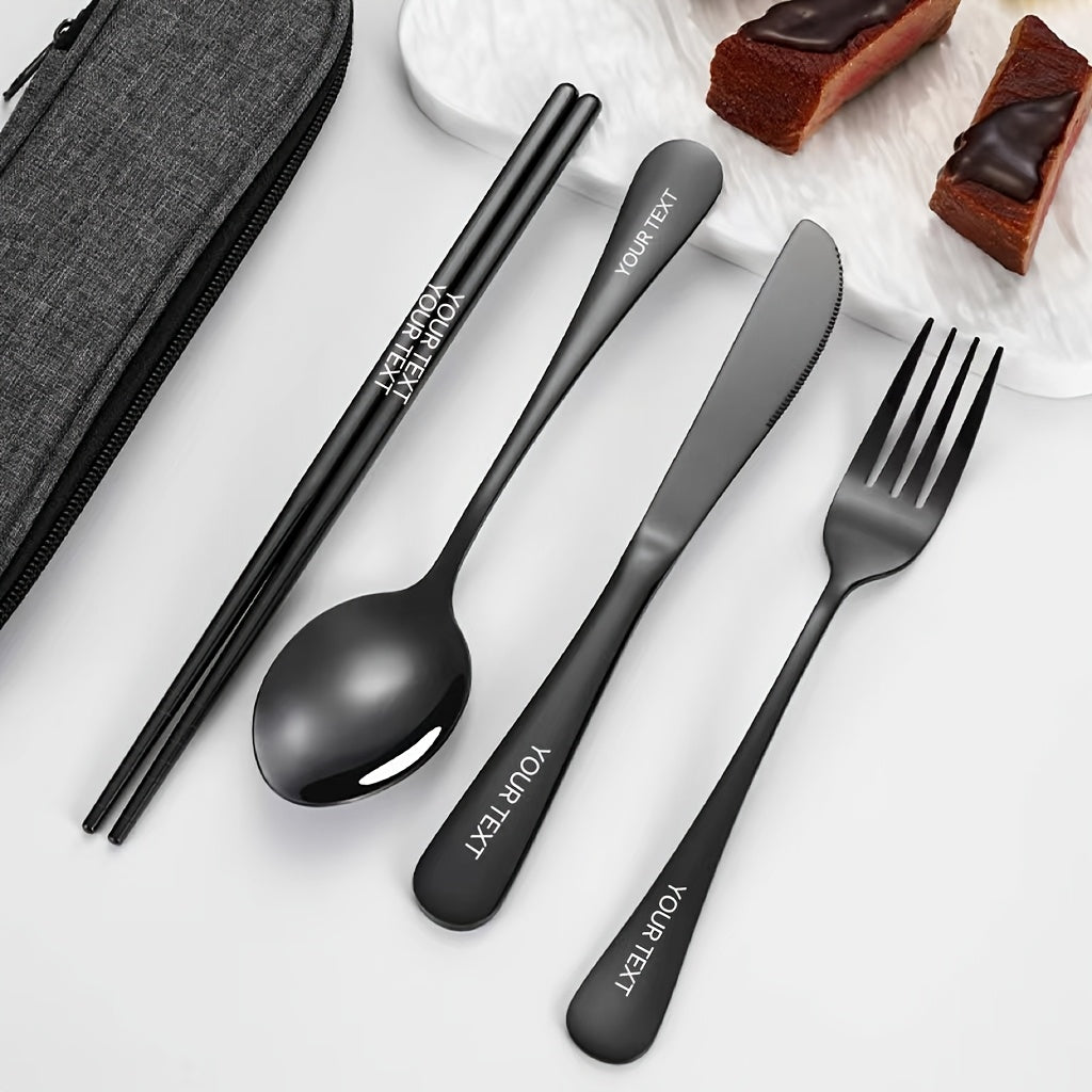 Customized 4pcs Stainless Steel Knife, Fork and Spoon Set Stainless Steel Knife, Fork and Spoon Black Tableware Four Piece Set Outdoor Travel Knife and Fork Portable Storage Bag Outdoor Picnic Family Reusable Tableware Silver Black