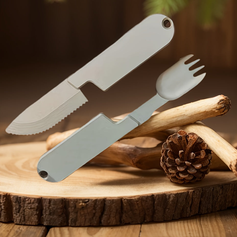 Outdoor Camping Portable Stainless Steel 2-in-1 Camping Cutlery Knife and Fork Set, Exquisite and Compact, Perfect for Outdoor BBQ Cooking