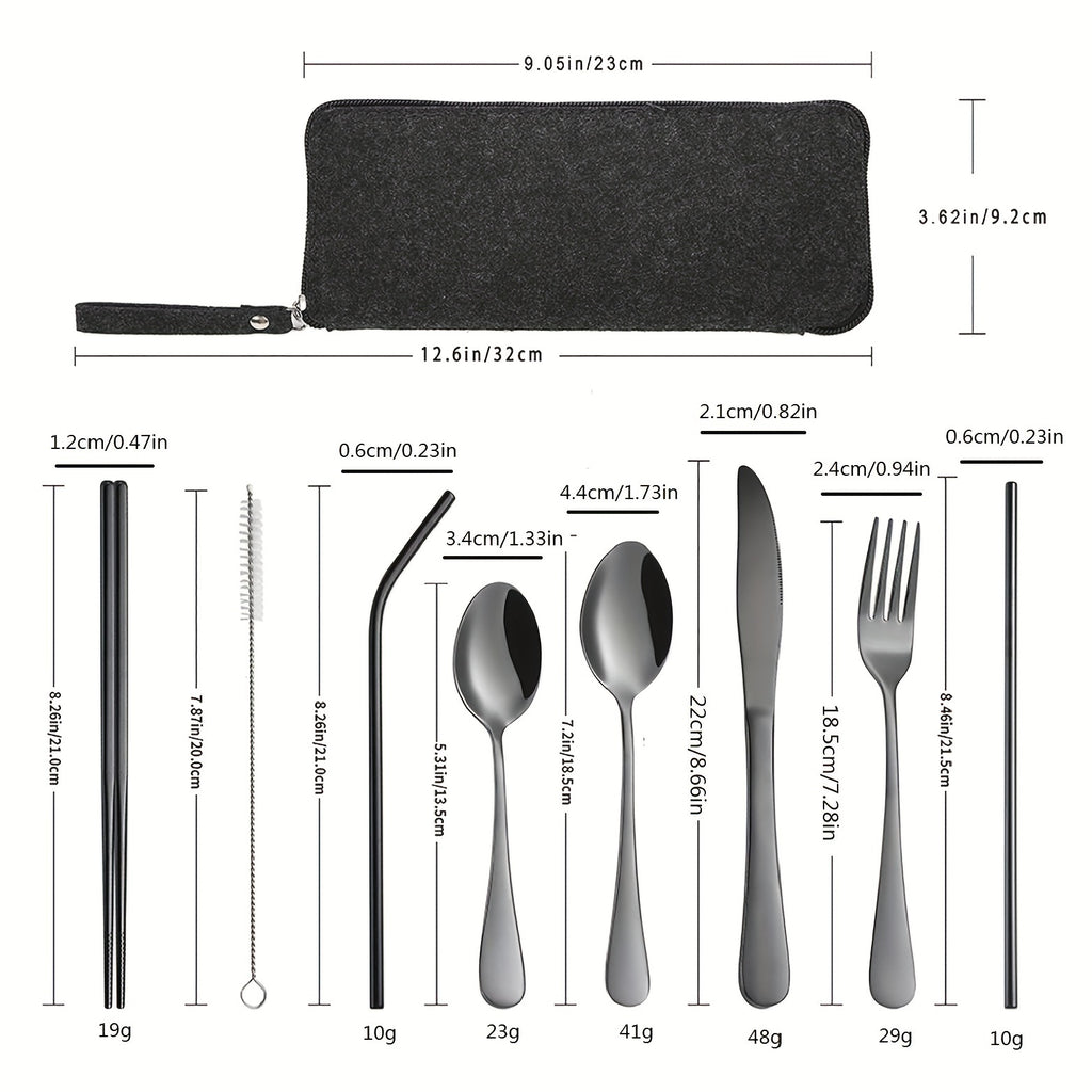 Portable travel cutlery, reusable cutlery with fixed cutlery box, including chopsticks, straws, knives, forks, spoons, straw brushes, 9pcs stainless steel cutlery set, black, Golden, Silvery