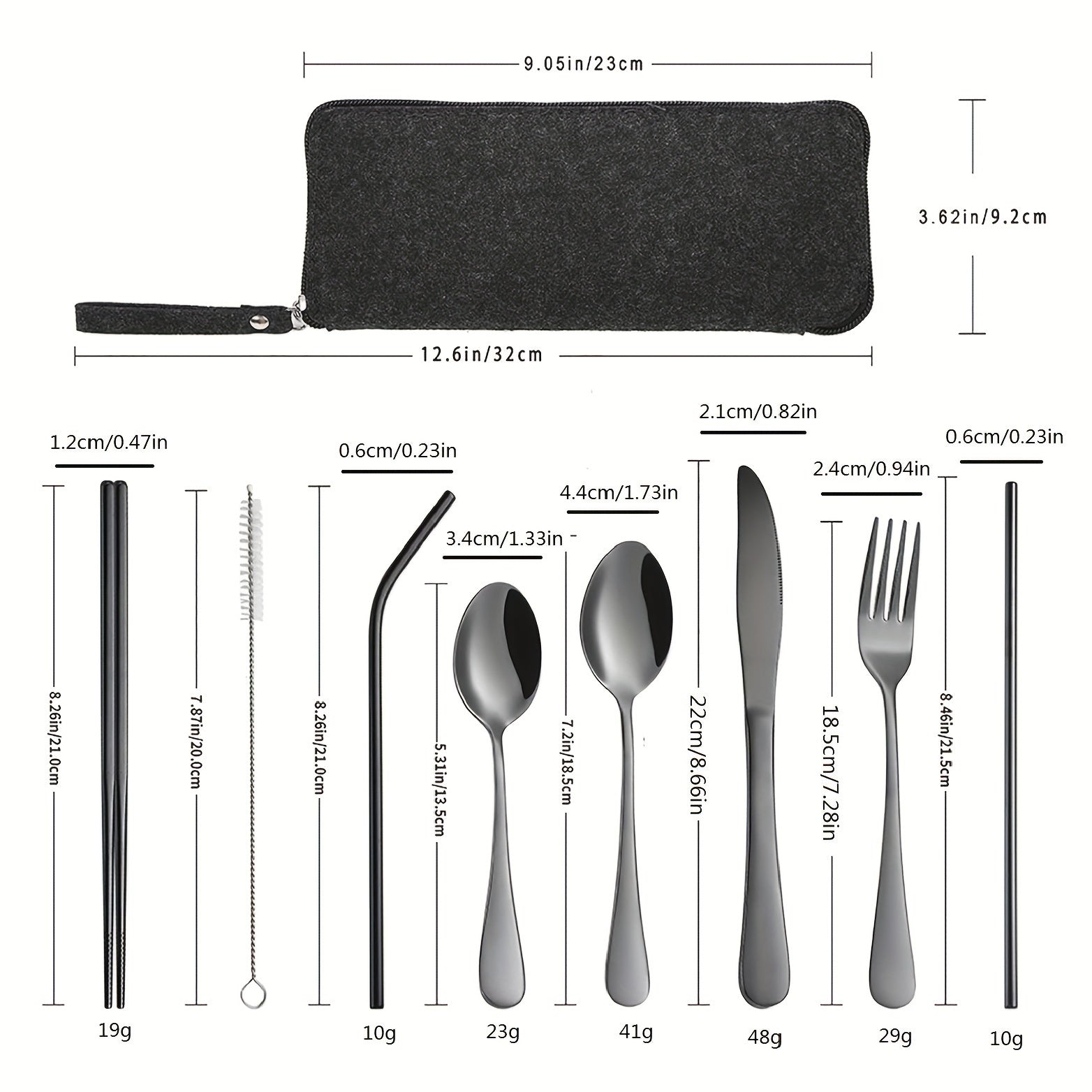 Portable travel cutlery, reusable cutlery with fixed cutlery box, including chopsticks, straws, knives, forks, spoons, straw brushes, 9pcs stainless steel cutlery set, black, Golden, Silvery