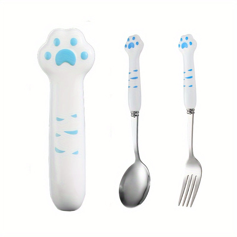 2pcs Stainless Steel Outdoor Cutlery Set with Cute Paw-Shaped Case - Portable & Reusable Forks & Spoons with Ergonomic Handle, Pink Paw Print & Heart Cutouts for Camping, Picnic, Travel - Durable & Hygienic, Compact & Lightweight, Ideal for Hiking, Beach,