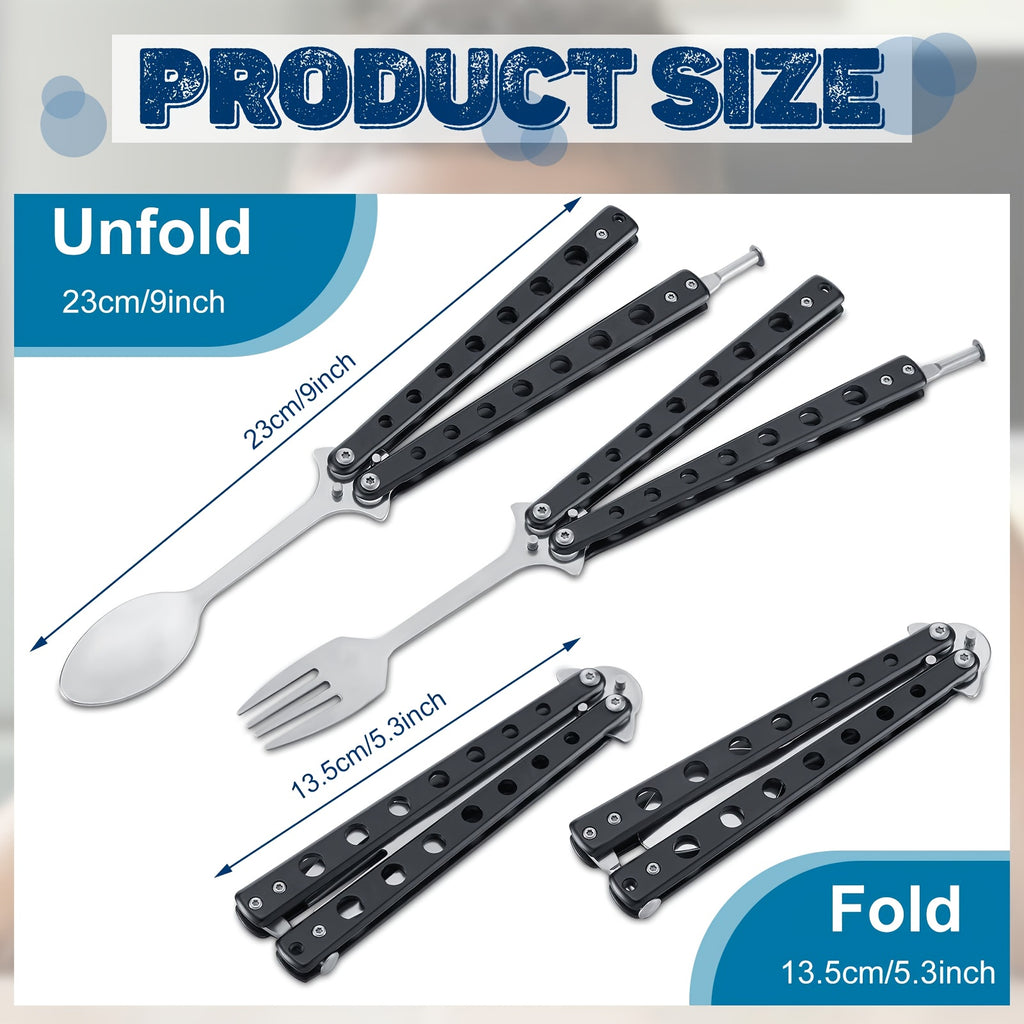 2pcs Tactical Butterfly Fork and Spoon Set - Stainless Steel Folding Utensils with Ergonomic Handles, Compact Travel-Friendly Design for Camping, Hunting, BBQ, Kitchen - Durable & Portable (Black), Camping Essentials, Sleek Metallic Finish, Highquality