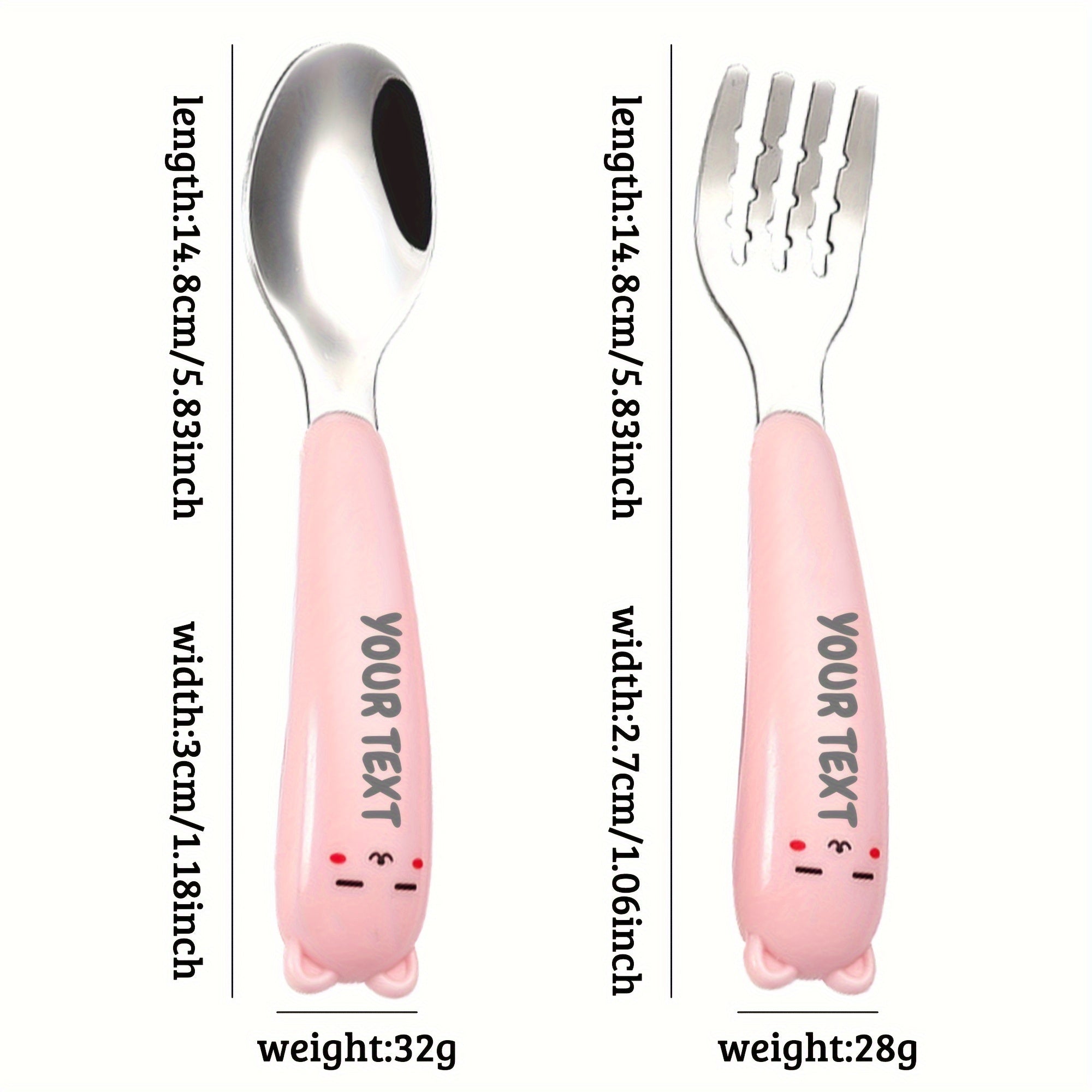 Personalised Engraved Name Stainless Steel Cutlery 2pcs Set Set, Solid Colour with Little Ears, Cute and Simple