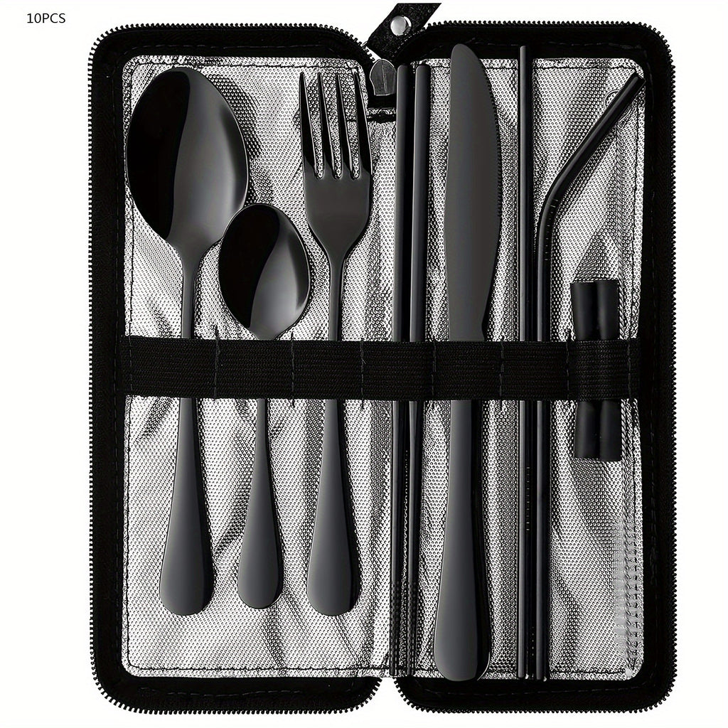 Portable travel cutlery, reusable cutlery with fixed cutlery box, including chopsticks, straws, knives, forks, spoons, straw brushes, 9pcs stainless steel cutlery set, black, Golden, Silvery