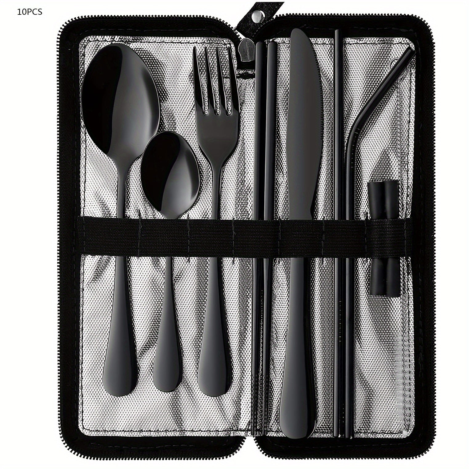Portable travel cutlery, reusable cutlery with fixed cutlery box, including chopsticks, straws, knives, forks, spoons, straw brushes, 9pcs stainless steel cutlery set, black, Golden, Silvery