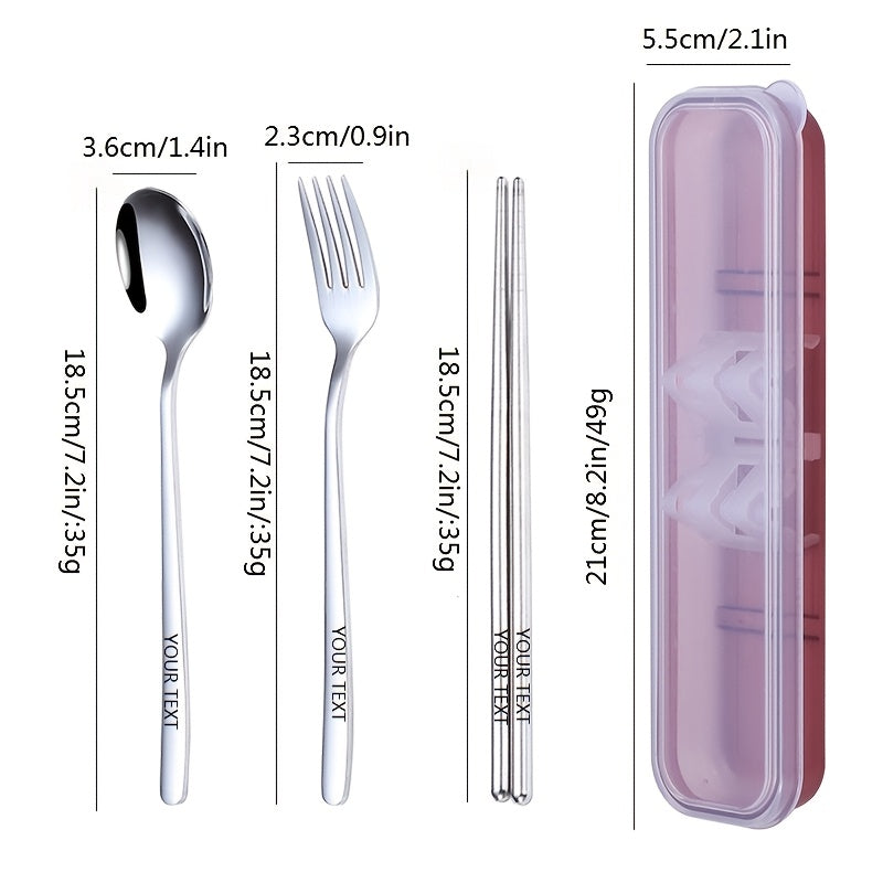 4pcs 304 Stainless Steel Cutlery Set, Customizable Text Name, Portable Fork, Spoon, Chopsticks, Korean Style, Outdoor & Home Use, Ideal Gift for New Year'S Day