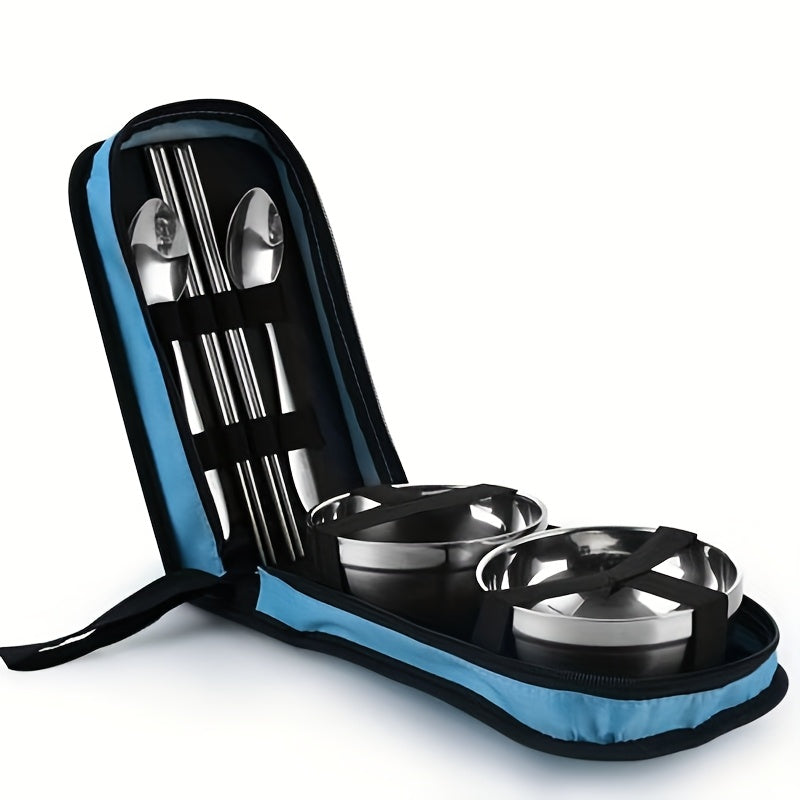 Stainless Steel Tableware Set, Suitable for Outdoor Travel and Camping, Portable Two Person Tableware, Including Chopsticks, Spoons, Bowls, Easy to Carry, 201 Stainless Steel Structure