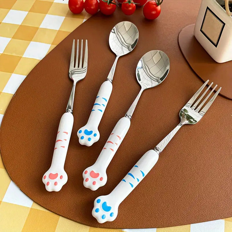2pcs Stainless Steel Outdoor Cutlery Set with Cute Cat Paw Design - Heavy-Duty Reusable Fork & Spoon, Portable Camping, Picnic, Travel Utensils with Ergonomic Handle & Paw-Shaped Storage Case, Hygienic & Durable and Adults, Ideal for Camping, Travel,