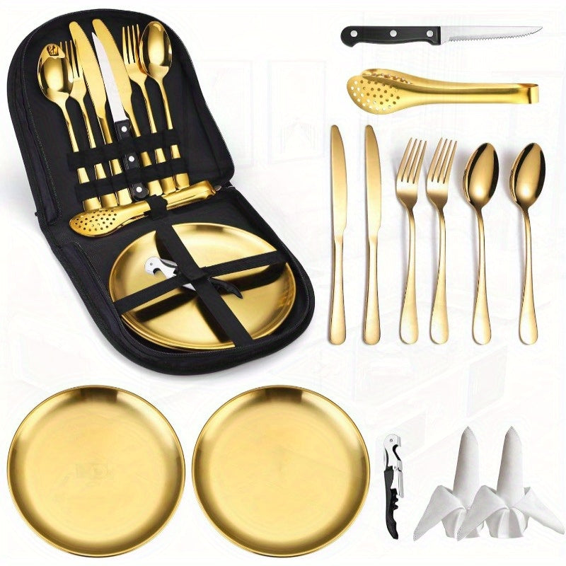 Camping Silverware Kit Cutlery Organizer Utensil Picnic Set Stainless Steel Plate Spoon Clip and Serrated Knife Wine Opener Fork Napkin Hiking Camp Kitchen BBQs, Non-Food Contact