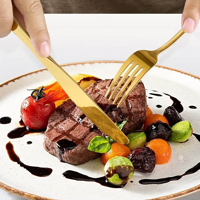 24pcs/48pcs Set Of Golden Stainless Steel Cutlery Set With Steak Knife, Smooth Cutting, Polished Process, Suitable For Restaurants, Hotels, Families, Outdoor Activities, Can Be Used In Dishwashers, Christmas, Father'S Day, Birthday Party Gift