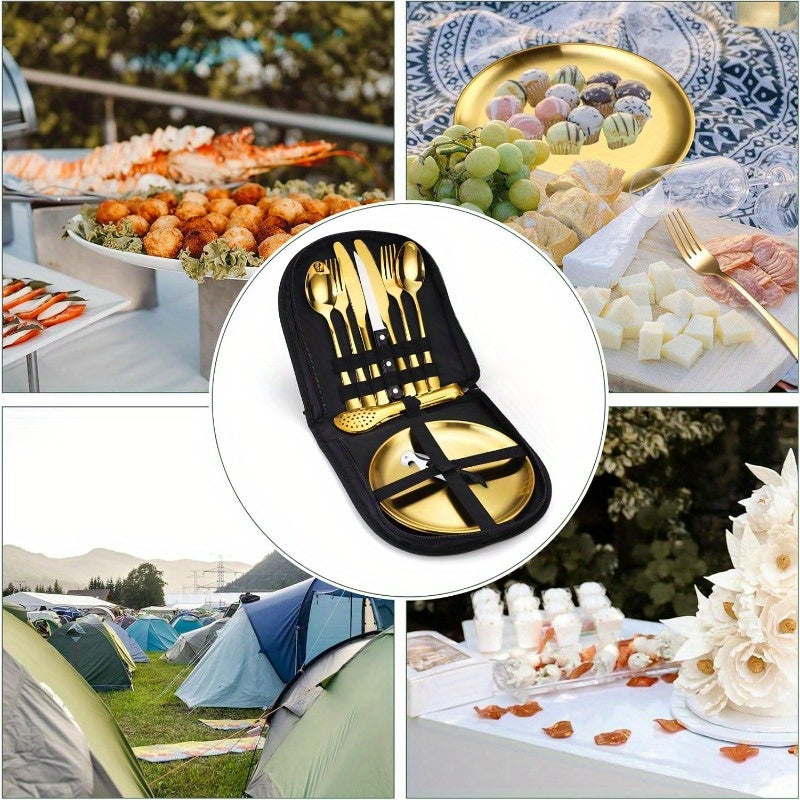 Camping Silverware Kit Cutlery Organizer Utensil Picnic Set Stainless Steel Plate Spoon Clip and Serrated Knife Wine Opener Fork Napkin Hiking Camp Kitchen BBQs, Non-Food Contact