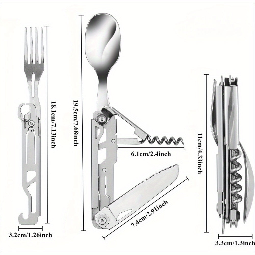 2pack Folding Flatware Set - Detachable Camping Utensils - Stainless Steel - Multi-Function Travel Pocket Cutlery - Spoon, Fork, Knife, Wine Bottle Opener, Can Opener - Perfect for Camping, Hiking & Picnics - Ideal Gift for Outdoor Enthusiasts