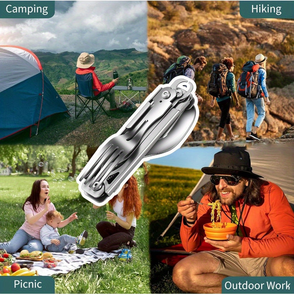 2pack Folding Flatware Set - Detachable Camping Utensils - Stainless Steel - Multi-Function Travel Pocket Cutlery - Spoon, Fork, Knife, Wine Bottle Opener, Can Opener - Perfect for Camping, Hiking & Picnics - Ideal Gift for Outdoor Enthusiasts