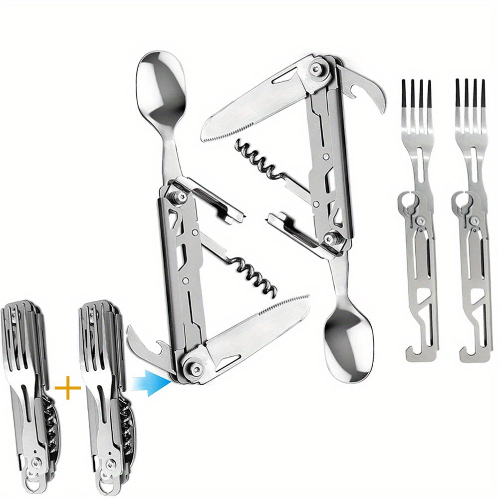 2pack Folding Flatware Set - Detachable Camping Utensils - Stainless Steel - Multi-Function Travel Pocket Cutlery - Spoon, Fork, Knife, Wine Bottle Opener, Can Opener - Perfect for Camping, Hiking & Picnics - Ideal Gift for Outdoor Enthusiasts