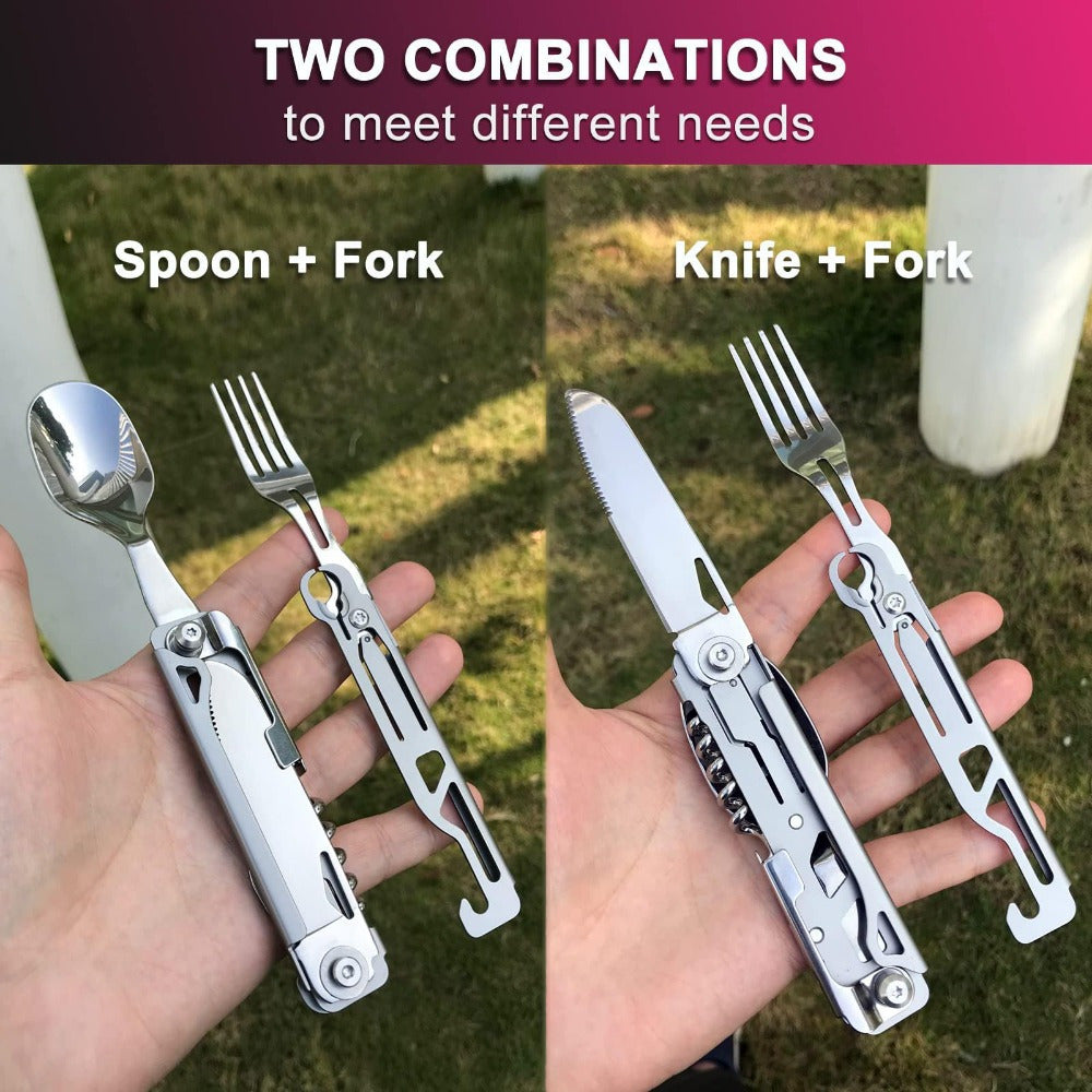 2pack Folding Flatware Set - Detachable Camping Utensils - Stainless Steel - Multi-Function Travel Pocket Cutlery - Spoon, Fork, Knife, Wine Bottle Opener, Can Opener - Perfect for Camping, Hiking & Picnics - Ideal Gift for Outdoor Enthusiasts