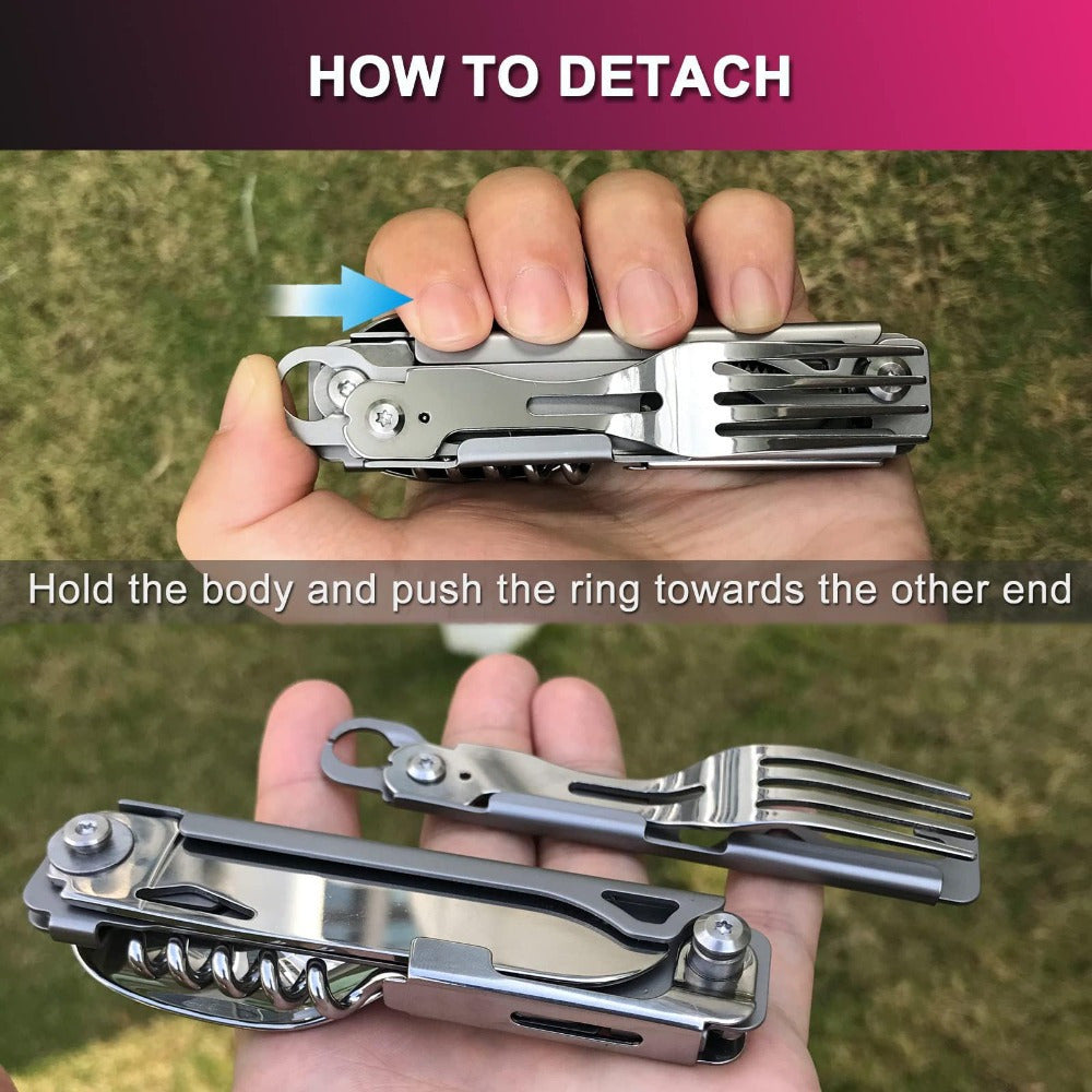 2pack Folding Flatware Set - Detachable Camping Utensils - Stainless Steel - Multi-Function Travel Pocket Cutlery - Spoon, Fork, Knife, Wine Bottle Opener, Can Opener - Perfect for Camping, Hiking & Picnics - Ideal Gift for Outdoor Enthusiasts