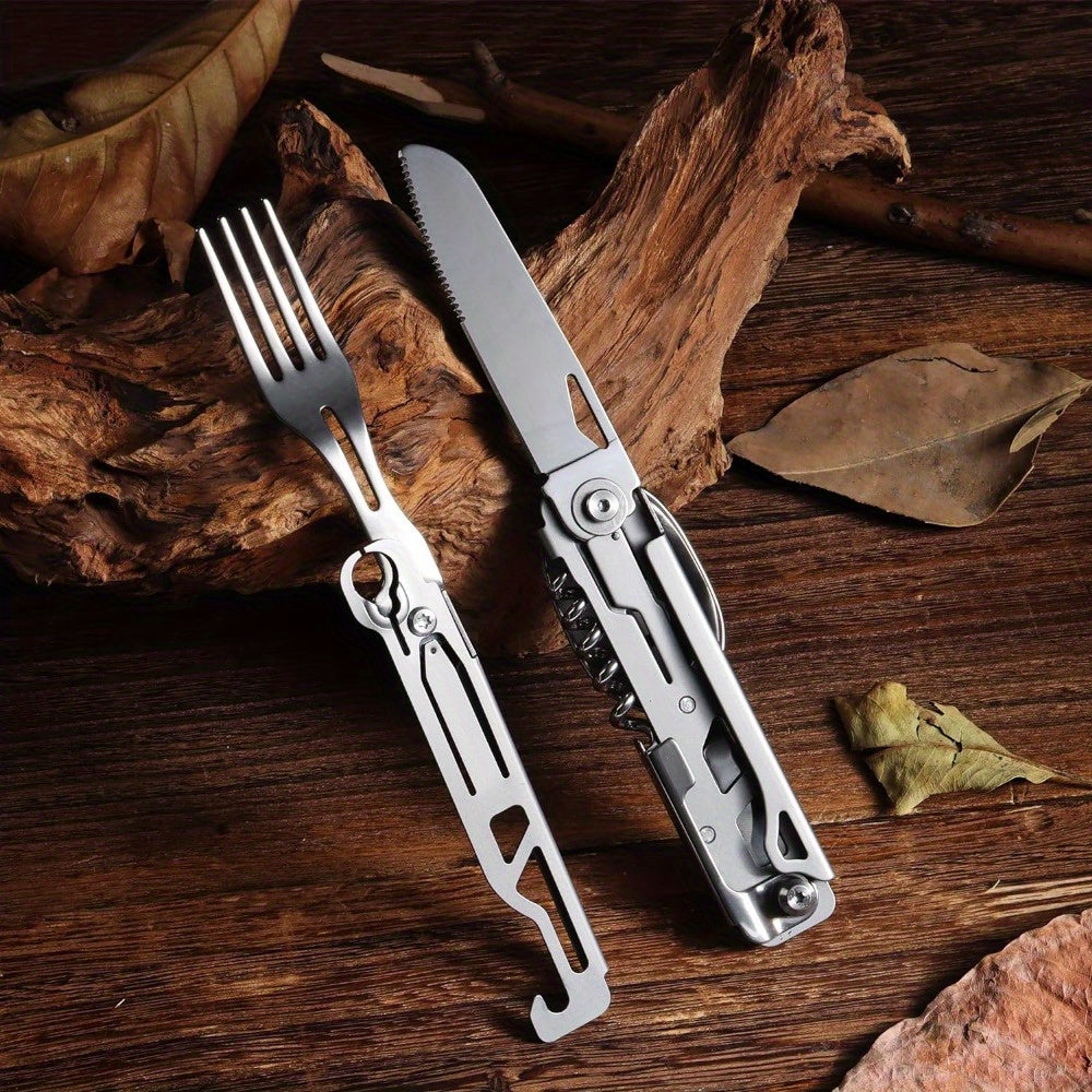 2pack Folding Flatware Set - Detachable Camping Utensils - Stainless Steel - Multi-Function Travel Pocket Cutlery - Spoon, Fork, Knife, Wine Bottle Opener, Can Opener - Perfect for Camping, Hiking & Picnics - Ideal Gift for Outdoor Enthusiasts