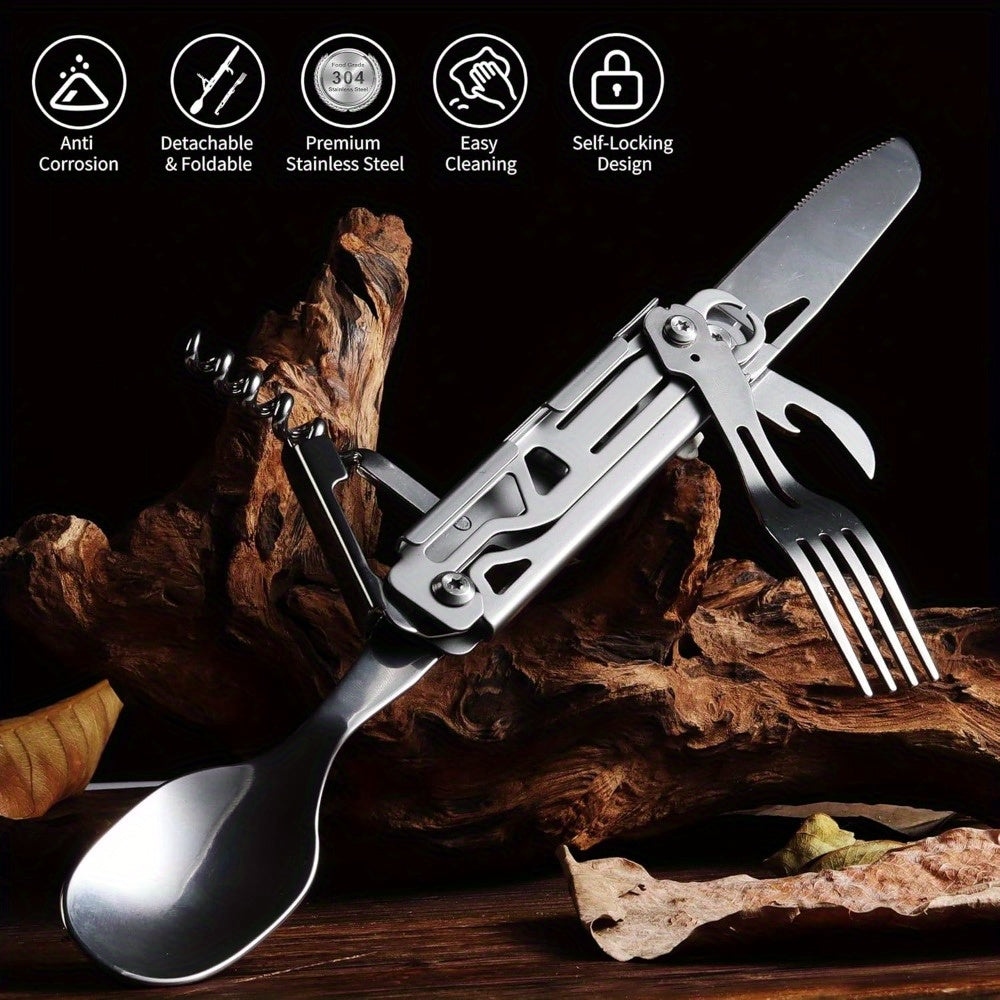2pack Folding Flatware Set - Detachable Camping Utensils - Stainless Steel - Multi-Function Travel Pocket Cutlery - Spoon, Fork, Knife, Wine Bottle Opener, Can Opener - Perfect for Camping, Hiking & Picnics - Ideal Gift for Outdoor Enthusiasts