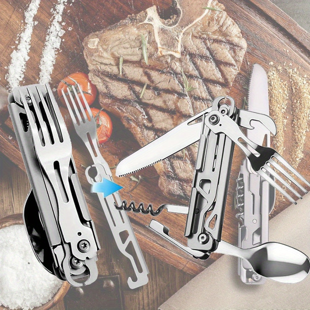2pack Folding Flatware Set - Detachable Camping Utensils - Stainless Steel - Multi-Function Travel Pocket Cutlery - Spoon, Fork, Knife, Wine Bottle Opener, Can Opener - Perfect for Camping, Hiking & Picnics - Ideal Gift for Outdoor Enthusiasts