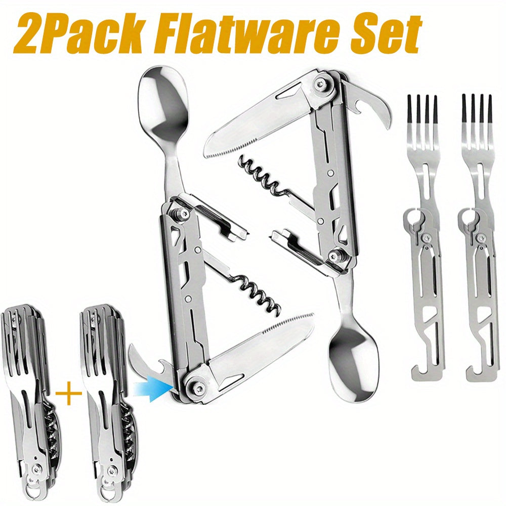 Folding Flatware Set 2 Pack Outdoor Stainless Steel Multi-Function Camping Folding Knives, Forks, Spoons, Wine Bottle Opener 6-in-1 Outdoor Travel Tableware, Stainless Steel Camping Tableware, detachable Camping Utensils Flatware