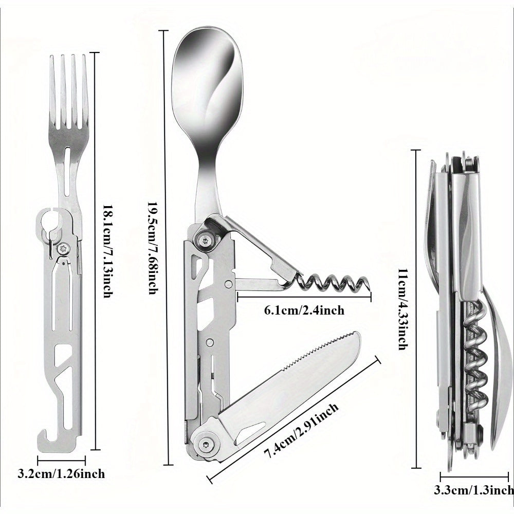 Folding Flatware Set 2 Pack Outdoor Stainless Steel Multi-Function Camping Folding Knives, Forks, Spoons, Wine Bottle Opener 6-in-1 Outdoor Travel Tableware, Stainless Steel Camping Tableware, detachable Camping Utensils Flatware