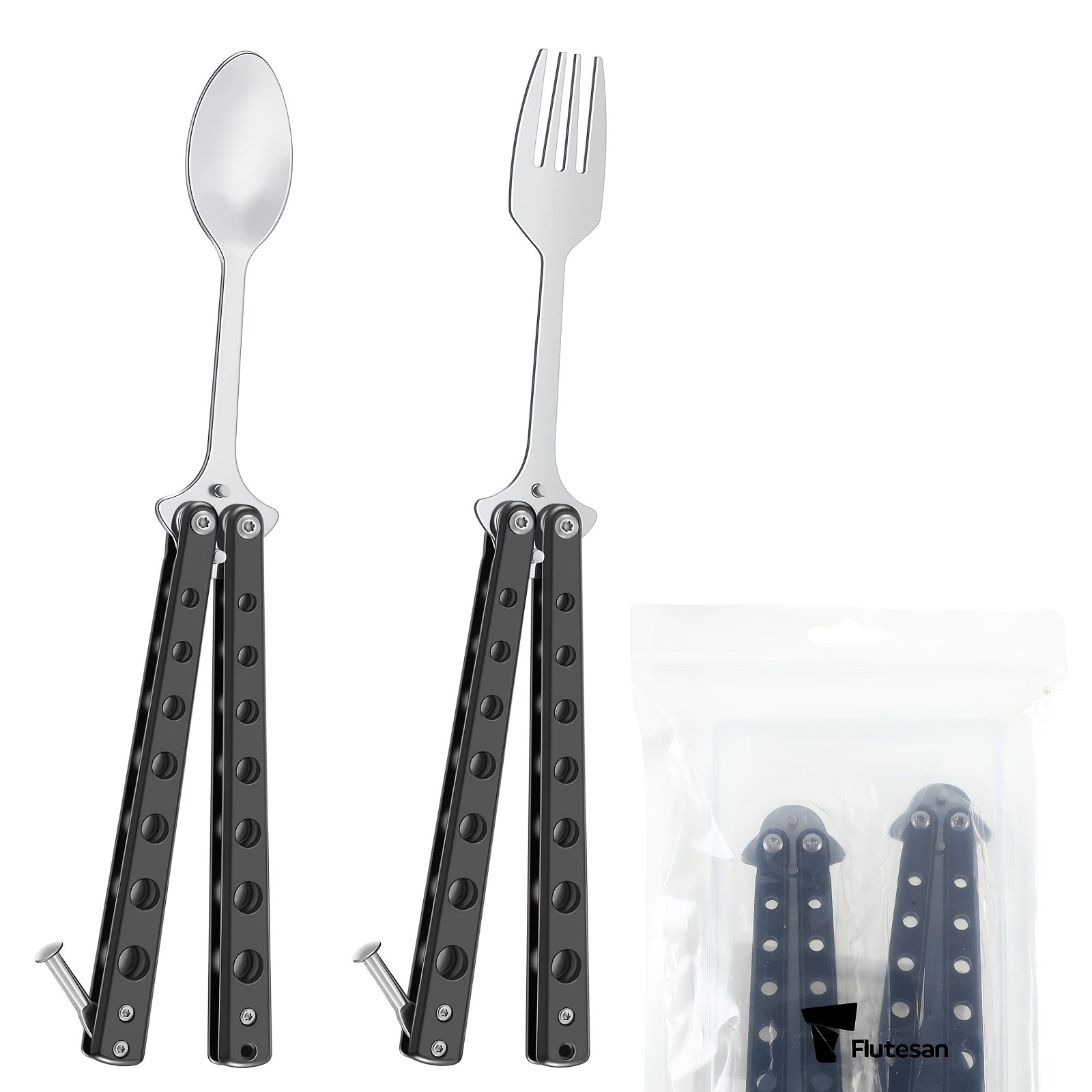 2pcs Tactical Butterfly Fork and Spoon Set - Stainless Steel Folding Utensils with Ergonomic Handles, Compact Travel-Friendly Design for Camping, Hunting, BBQ, Kitchen - Durable & Portable (Black), Camping Essentials, Sleek Metallic Finish, Highquality