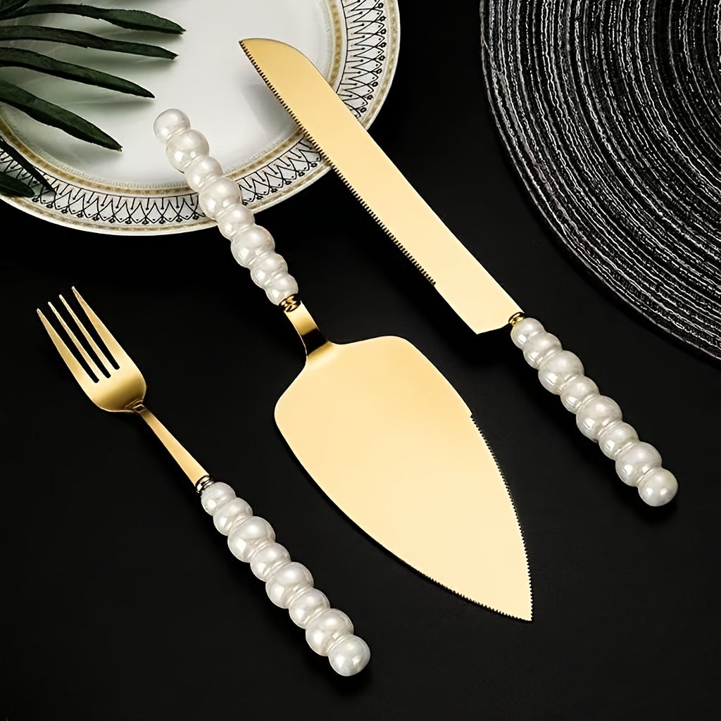 Personalized And Elegant Stainless Steel Cutlery Set with Pearl Ceramic Handle -2/4 Cake Knife, Spatula, Fork Set with Gift Box, Suitable for Kitchen, Home, Restaurant, Hotel - Perfect for Parties, Birthdays, Weddings, Gifting, Golden And Silvery
