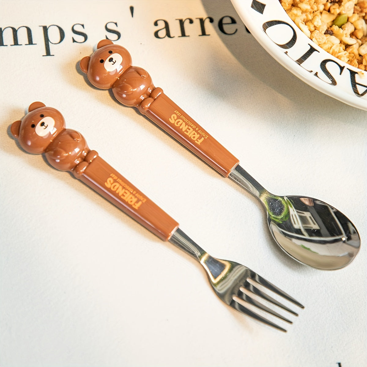 2pc/set Stainless Steel Portable Flatware Set with Cartoon Spoon and Fork, Transparent Reusable Storage Box for Home, School, Picnic, Outdoor Camping