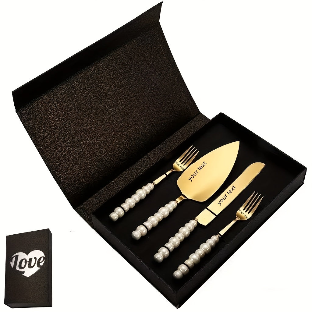Personalized And Elegant Stainless Steel Cutlery Set with Pearl Ceramic Handle -2/4 Cake Knife, Spatula, Fork Set with Gift Box, Suitable for Kitchen, Home, Restaurant, Hotel - Perfect for Parties, Birthdays, Weddings, Gifting, Golden And Silvery