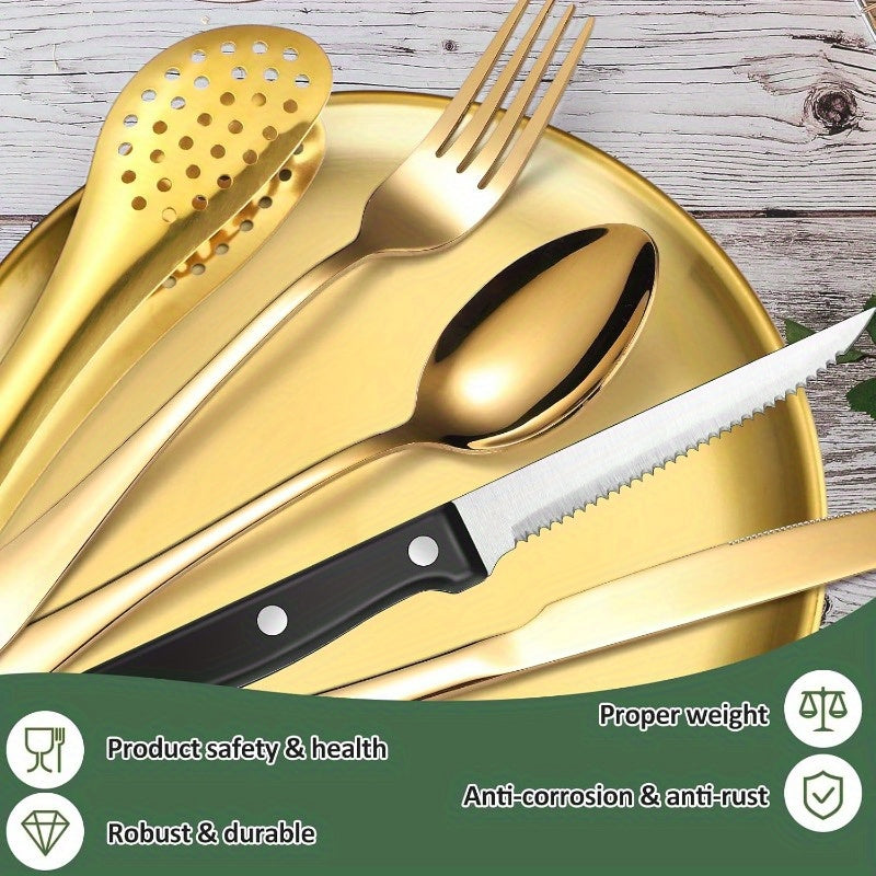 Camping Silverware Kit Cutlery Organizer Utensil Picnic Set Stainless Steel Plate Spoon Clip and Serrated Knife Wine Opener Fork Napkin Hiking Camp Kitchen BBQs, Non-Food Contact