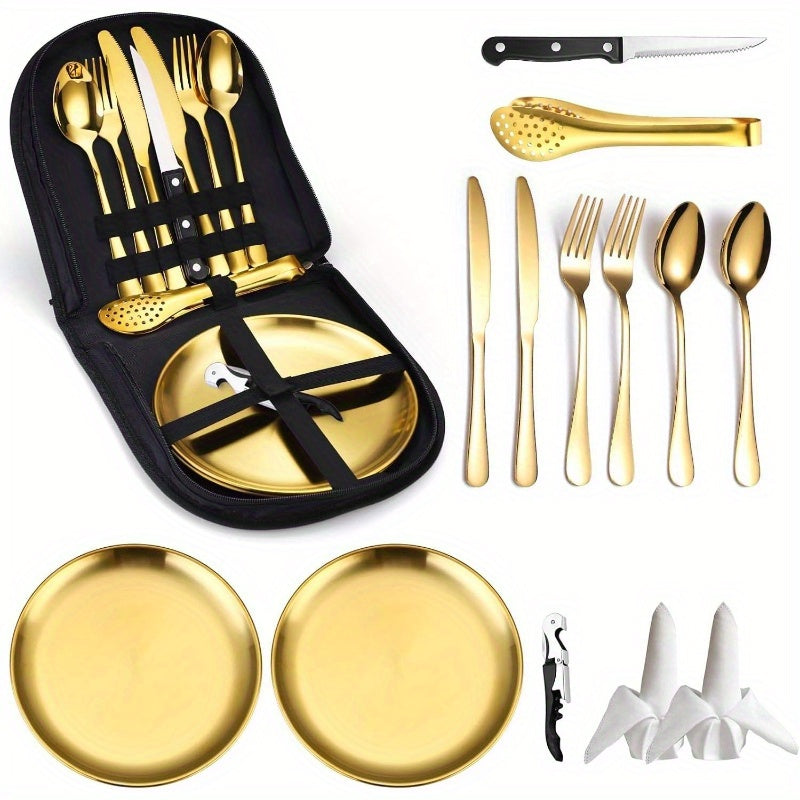 Camping Silverware Kit Cutlery Organizer Utensil Picnic Set Stainless Steel Plate Spoon Clip and Serrated Knife Wine Opener Fork Napkin Hiking - Camp Kitchen BBQu2019s, Camping Plates And Utensils, Camping Cooking Set, Camping Kitchen Accessories, Camping