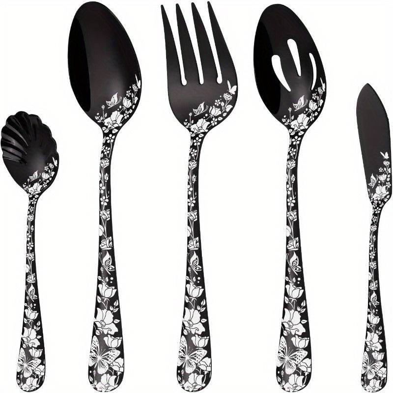 Serving Utensils Set Black 5pcs Large Hostess Set Stainless Steel Flatware Serving Set Ideal for Buffet Catering Party Mirror Polished Dishwasher Safe