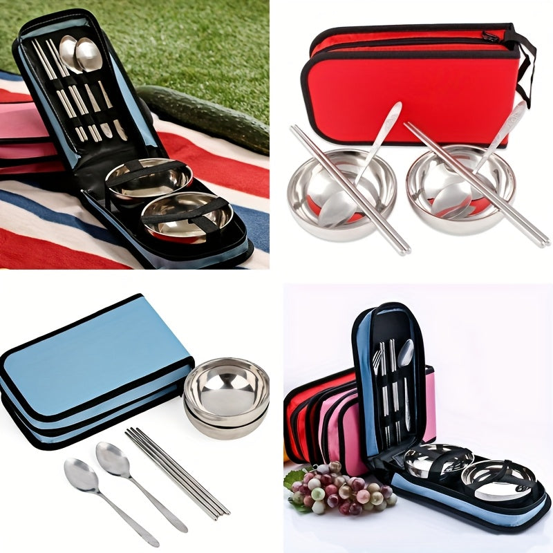 Stainless Steel Tableware Set, Suitable for Outdoor Travel and Camping, Portable Two Person Tableware, Including Chopsticks, Spoons, Bowls, Easy to Carry, 201 Stainless Steel Structure