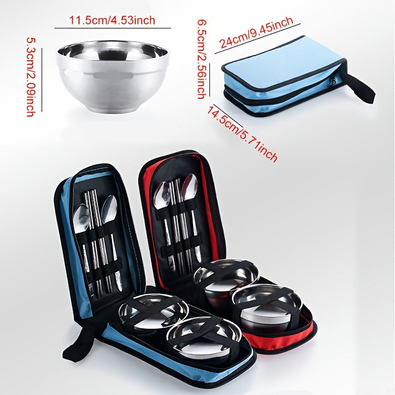 Stainless Steel Tableware Set, Suitable for Outdoor Travel and Camping, Portable Two Person Tableware, Including Chopsticks, Spoons, Bowls, Easy to Carry, 201 Stainless Steel Structure