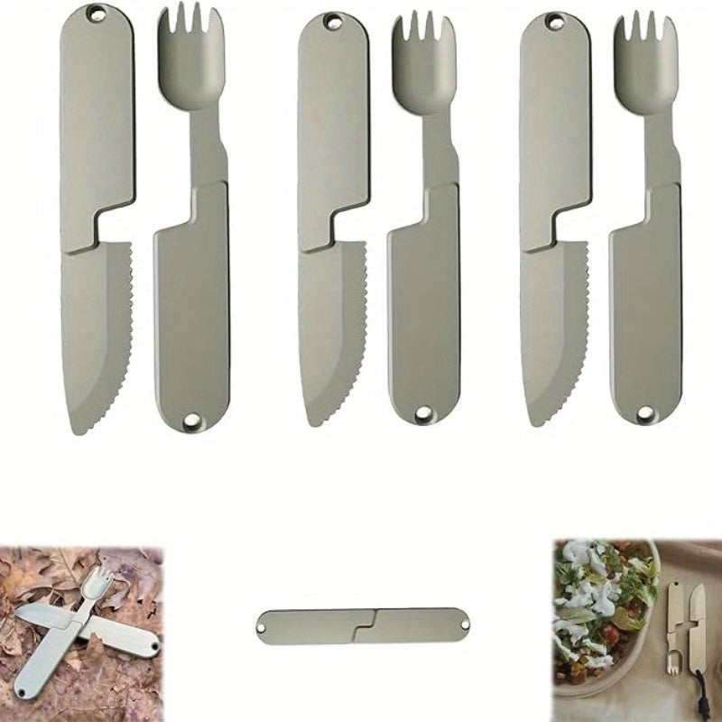3pcs Portable 2-in-1 Aluminum Camping Cutlery Set - Lightweight, Durable & Compact Design for Outdoor Activities, Fishing, and Travel - Includes Knife, Fork, and Spoon with Polished Finish, Camping Accessories