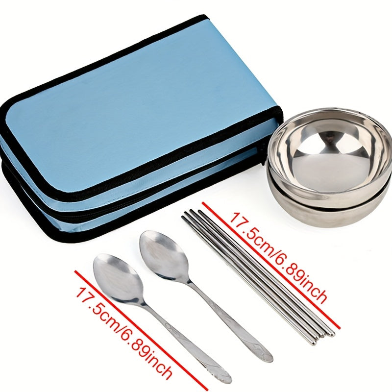 Stainless Steel Tableware Set, Suitable for Outdoor Travel and Camping, Portable Two Person Tableware, Including Chopsticks, Spoons, Bowls, Easy to Carry, 201 Stainless Steel Structure