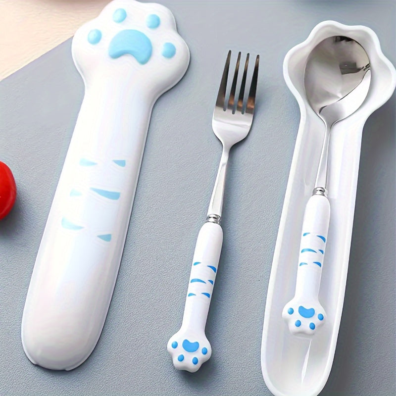 2pcs Stainless Steel Outdoor Cutlery Set with Cute Cat Paw Design - Heavy-Duty Reusable Fork & Spoon, Portable Camping, Picnic, Travel Utensils with Ergonomic Handle & Paw-Shaped Storage Case, Hygienic & Durable and Adults, Ideal for Camping, Travel,
