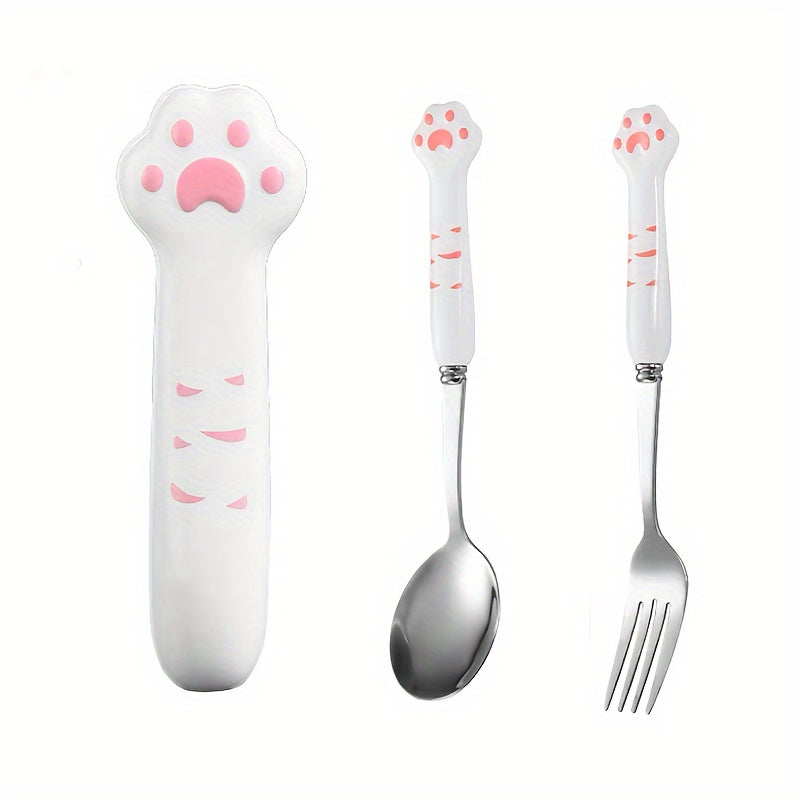 2pcs Stainless Steel Outdoor Cutlery Set with Cute Cat Paw Design - Heavy-Duty Reusable Fork & Spoon, Portable Camping, Picnic, Travel Utensils with Ergonomic Handle & Paw-Shaped Storage Case, Hygienic & Durable and Adults, Ideal for Camping, Travel,