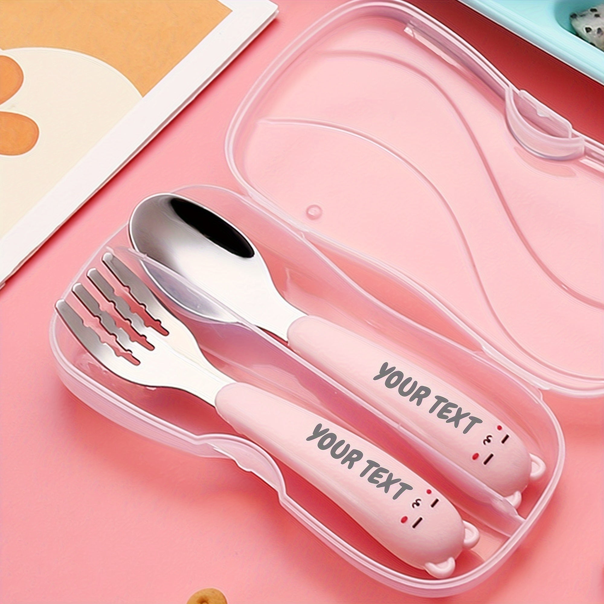 Personalised Engraved Name Stainless Steel Cutlery 2pcs Set Set, Solid Colour with Little Ears, Cute and Simple