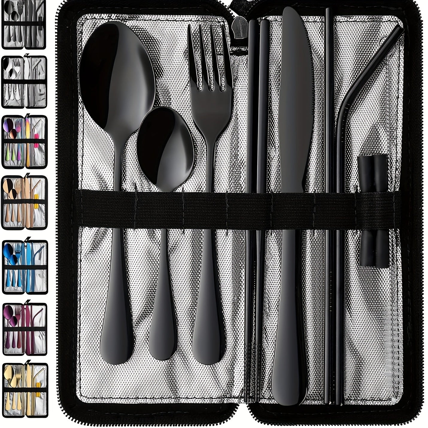 Portable travel cutlery, reusable cutlery with fixed cutlery box, including chopsticks, straws, knives, forks, spoons, straw brushes, 9pcs stainless steel cutlery set, black, Golden, Silvery