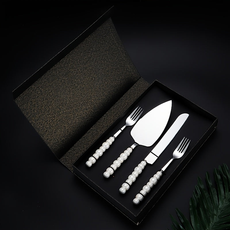 Personalized And Elegant Stainless Steel Cutlery Set with Pearl Ceramic Handle -2/4 Cake Knife, Spatula, Fork Set with Gift Box, Suitable for Kitchen, Home, Restaurant, Hotel - Perfect for Parties, Birthdays, Weddings, Gifting, Golden And Silvery