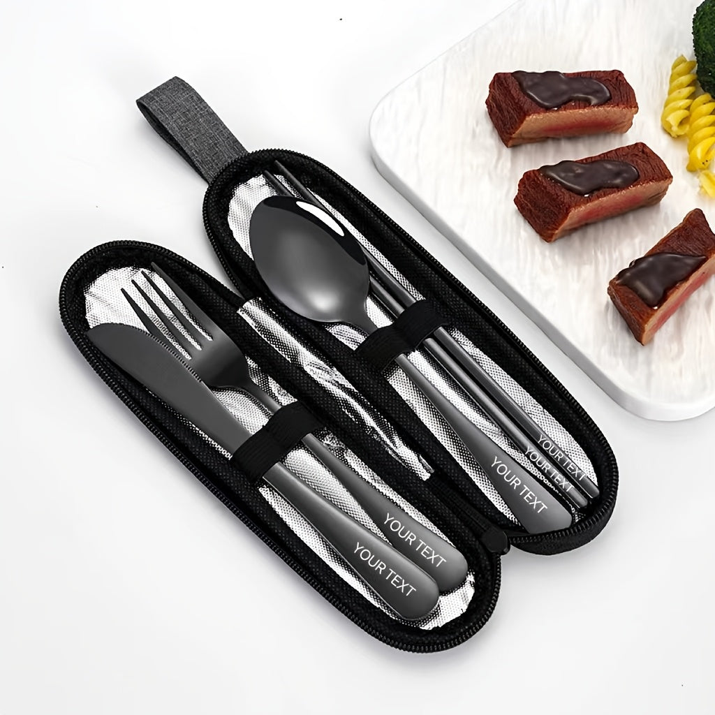 Customized 4pcs Stainless Steel Knife, Fork and Spoon Set Stainless Steel Knife, Fork and Spoon Black Tableware Four Piece Set Outdoor Travel Knife and Fork Portable Storage Bag Outdoor Picnic Family Reusable Tableware Silver Black