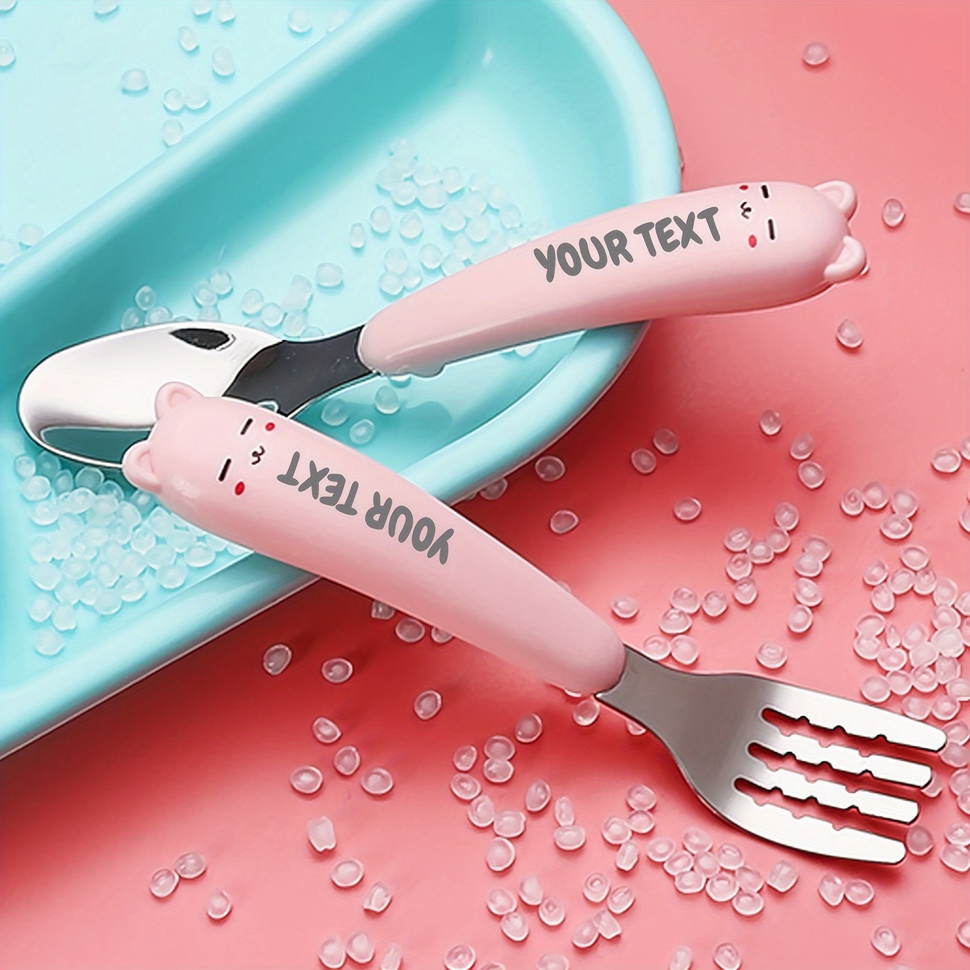Personalised Engraved Name Stainless Steel Cutlery 2pcs Set Set, Solid Colour with Little Ears, Cute and Simple
