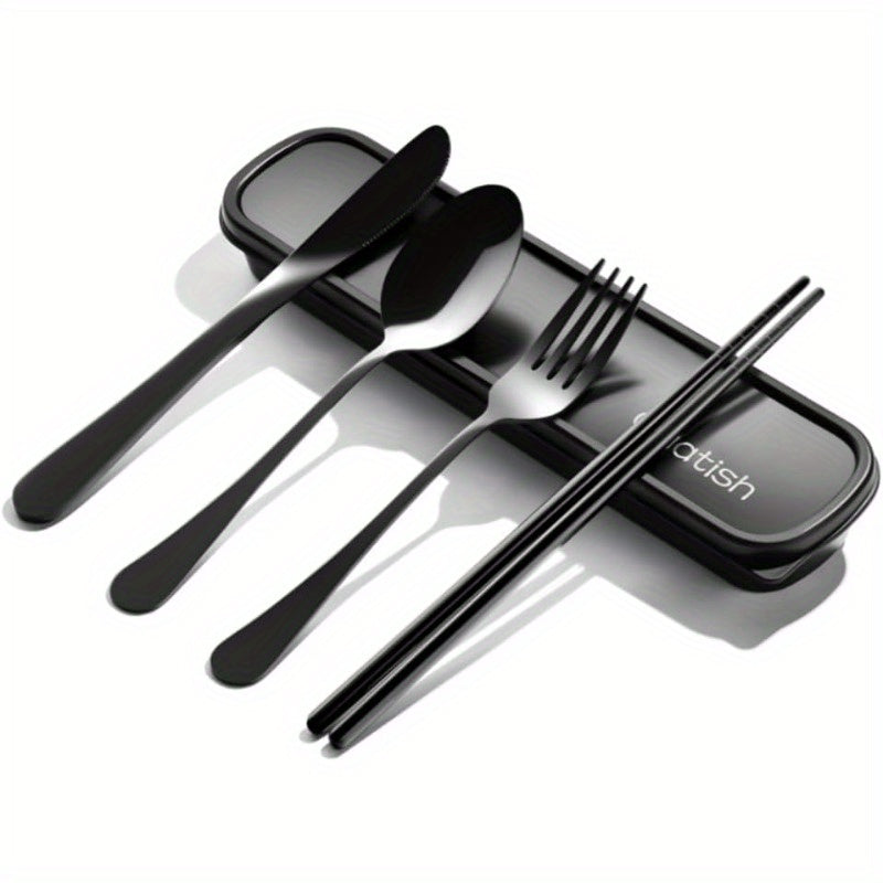 Travel Utensils with Case, Quatish Portable Silverware Set for Work, Stainless Steel Reusable Travel Cutlery Set, Fork and Spoon Set for Picnic, Camping, Gadgets, Lunch Box for Men, and Woman Black