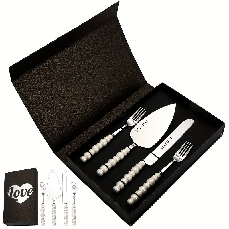 Personalized And Elegant Stainless Steel Cutlery Set with Pearl Ceramic Handle -2/4 Cake Knife, Spatula, Fork Set with Gift Box, Suitable for Kitchen, Home, Restaurant, Hotel - Perfect for Parties, Birthdays, Weddings, Gifting, Golden And Silvery
