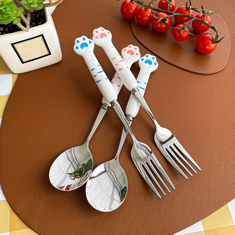 2pcs Stainless Steel Outdoor Cutlery Set with Cute Cat Paw Design - Heavy-Duty Reusable Fork & Spoon, Portable Camping, Picnic, Travel Utensils with Ergonomic Handle & Paw-Shaped Storage Case, Hygienic & Durable and Adults, Ideal for Camping, Travel,