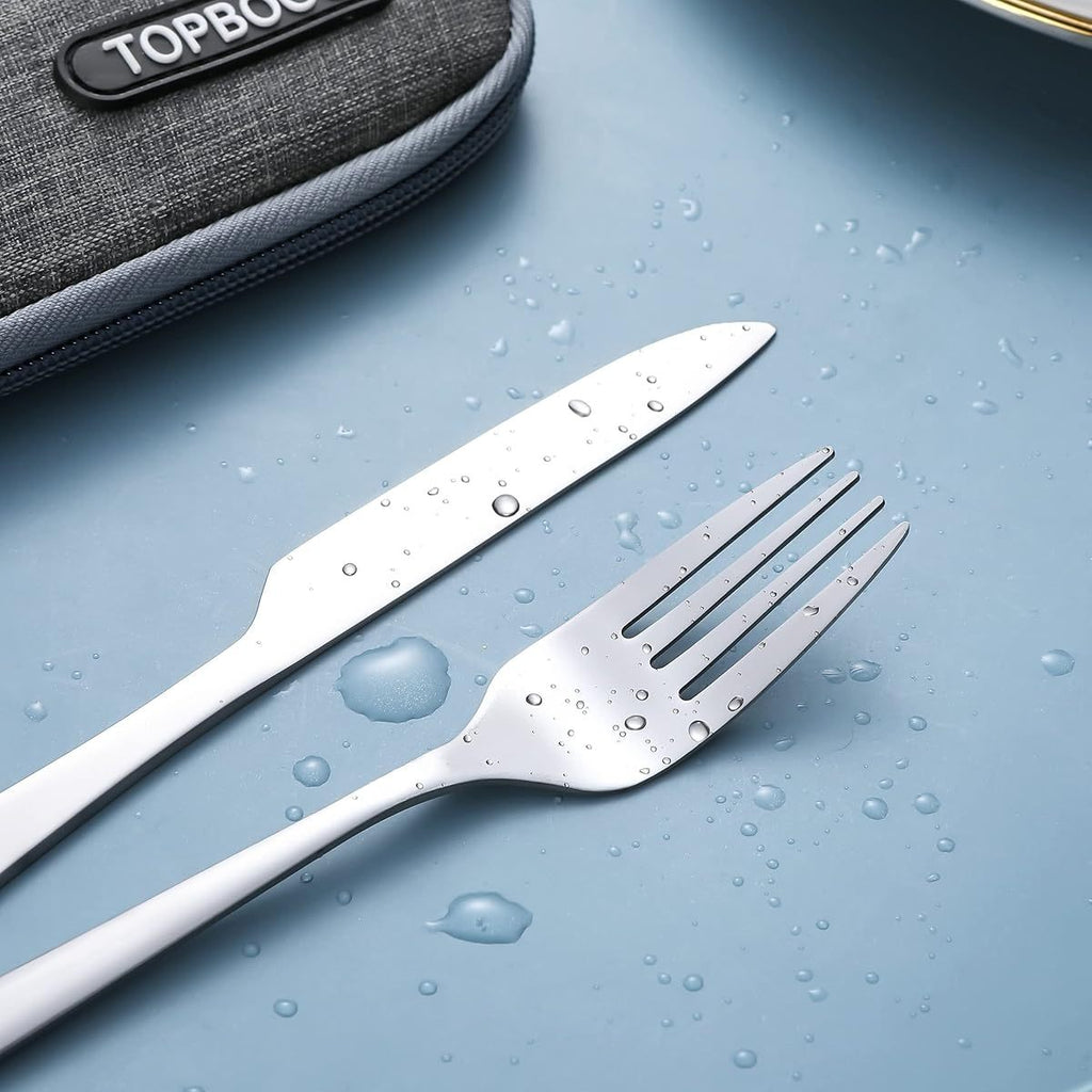 Portable Utensils, Travel Camping Cutlery Set, Portable Stainless Steel Flatware Set, Travel Silverware Dinnerware Set with a Waterproof Case ( 2- Sets Silvery)