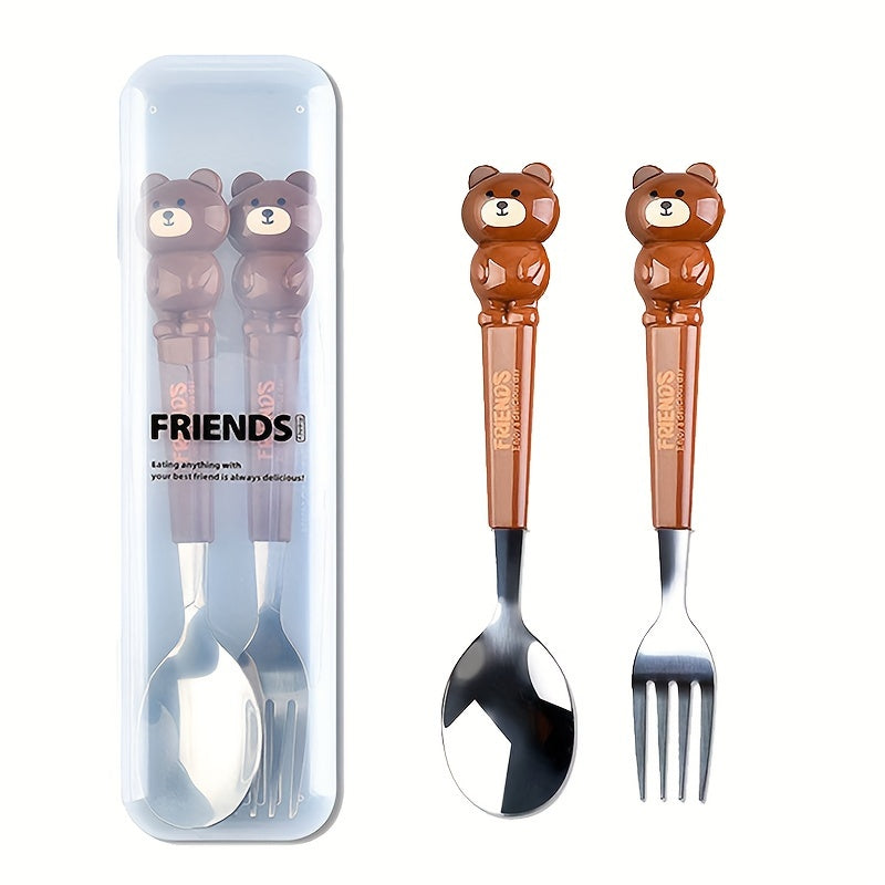2pc/set Stainless Steel Portable Flatware Set with Cartoon Spoon and Fork, Transparent Reusable Storage Box for Home, School, Picnic, Outdoor Camping