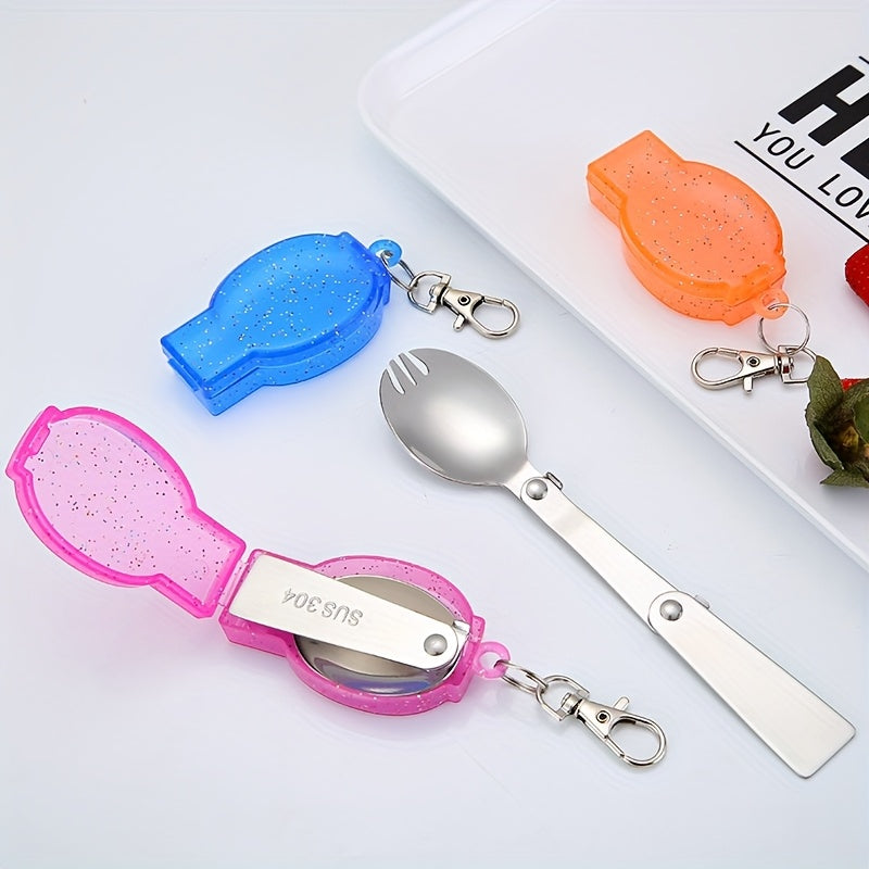 Personalized 304 Stainless Steel Folding Tableware with Keychain - Compact, Portable Fork and Spoon Set, Reusable, Ideal for Outdoor, Camping, Picnic - Blue, Pink, Orange, Camping Essentials|Compact Tableware|Durable Tableware